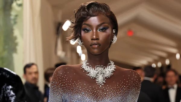 Anok Yai at British Fashion Awards 2025 wearing stylish gown on the red carpet
