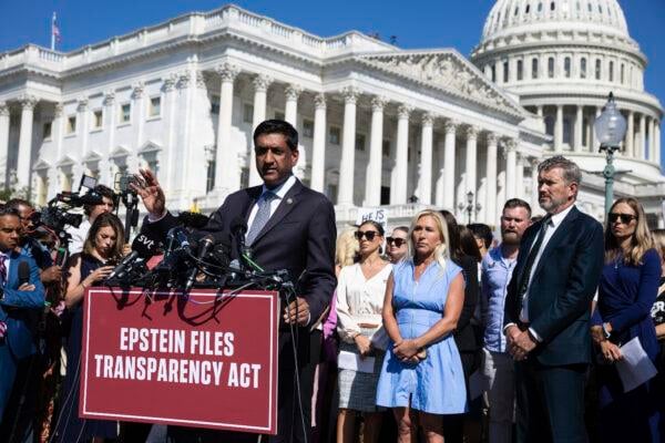 Rep. Ro Khanna and Rep. Thomas Massie speaking after filing a petition to force a House vote on releasing Jeffrey Epstein investigation files