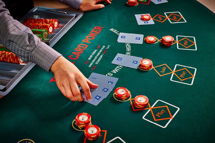 Poker table inside Crown Casino Sydney with chips and cards