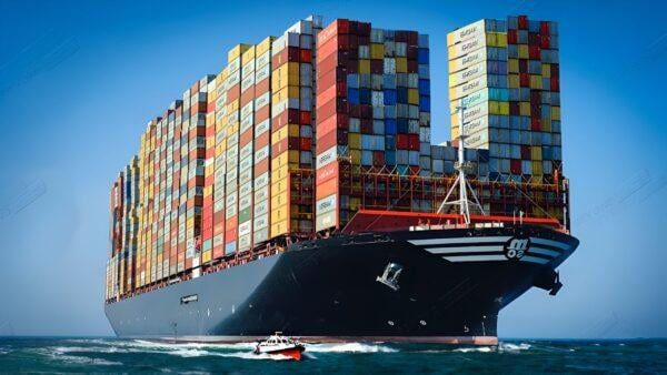 Container ship near port, symbolizing seafood trade embargo between China and Japan