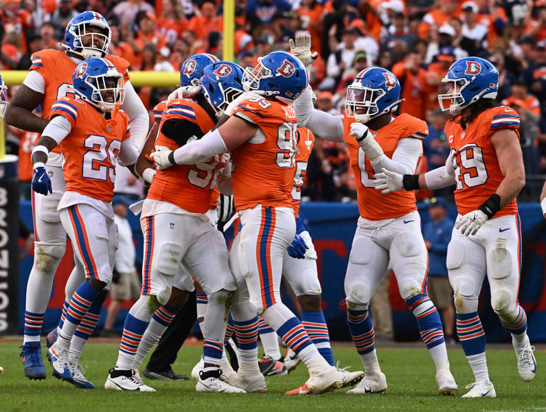 Denver Broncos Team United in Pursuit of Playoff Success Denver Broncos players celebrating during NFL 2025 season