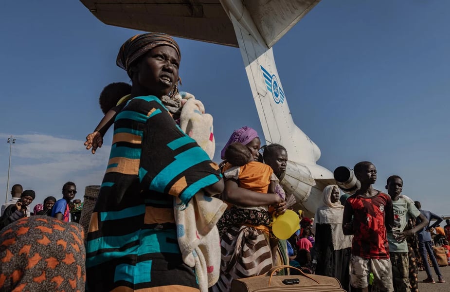 Displaced Sudanese families seeking shelter in overcrowded camps in Kordofan during 2025 conflict