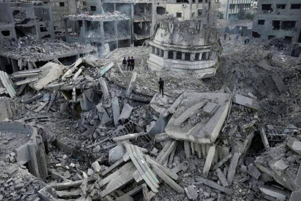Devastated Gaza cityscape with rubble and smoke, 2025
