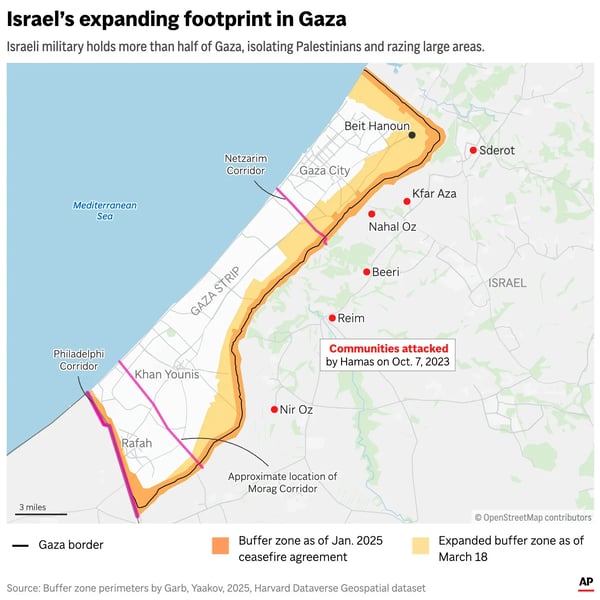 Map of Gaza Strip highlighting Israeli control zones and ceasefire lines in 2025
