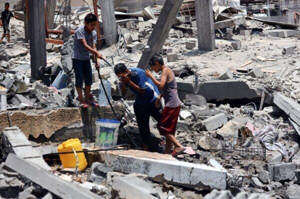 A damaged water pipeline and dry landscape in Gaza illustrating the water crisis amid Israel Palestine conflict 2025