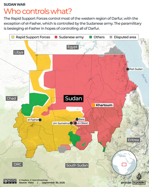 Satellite map highlighting conflict zones in North and South Kordofan regions of Sudan in 2025