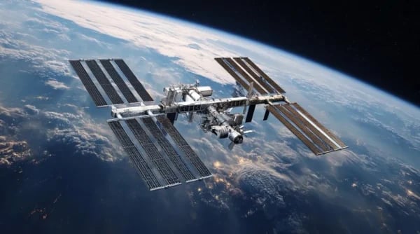 Space-based data center satellite with solar panels orbiting Earth generating power for AI computing infrastructure
