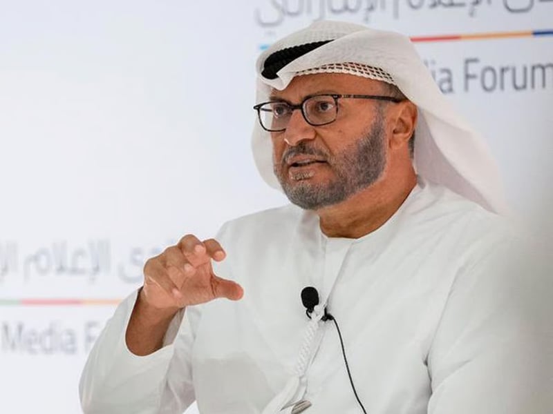 UAE presidential adviser Anwar Gargash speaking at Abu Dhabi Strategic Debate about Gaza stabilization force rejection