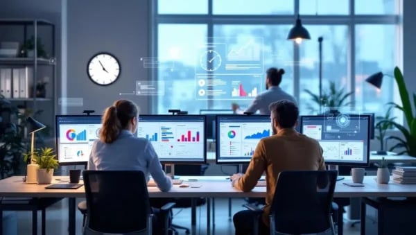 UK office workers with AI technology overlay representing workforce transformation and pay rise concerns