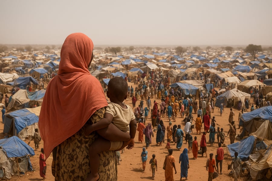 Sudanese refugee camp near El Fasher showing families, children, and tents amid humanitarian crisis