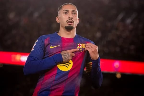 Barcelona forward Raphinha celebrates after scoring equalizer against Atletico Madrid at Camp Nou in La Liga December 2025