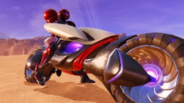 Metroid Prime 4 Beyond Vi-O-La Hoverbike Gameplay Vi-O-La hoverbike gameplay in Metroid Prime 4 Beyond showing desert traversal