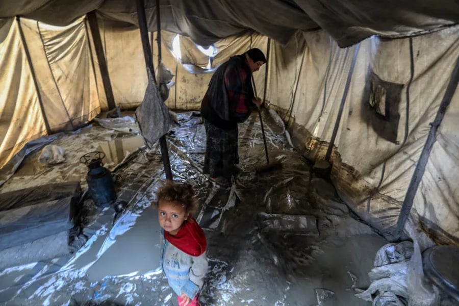Flooded displacement tents in Gaza as Storm Byron batters the enclave on day 431 of genocide, leaving 250,000 families trapped