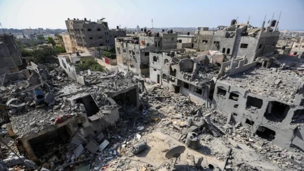 Aerial view of destroyed buildings and rubble across Gaza Strip after 749 days of Israeli bombardment showing humanitarian catastrophe December 2025