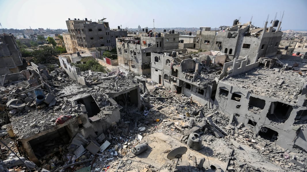 Aerial view of destroyed buildings and rubble across Gaza Strip after 749 days of Israeli bombardment showing humanitarian catastrophe December 2025