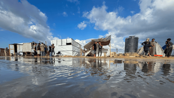 Flooded tent camp in Gaza after Storm Byron hits during a fragile ceasefire.