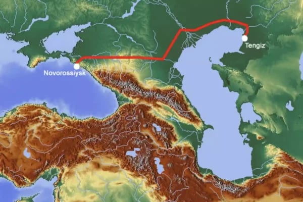 Kazakhstan CPC pipeline aerial view showing oil export infrastructure and desert landscape