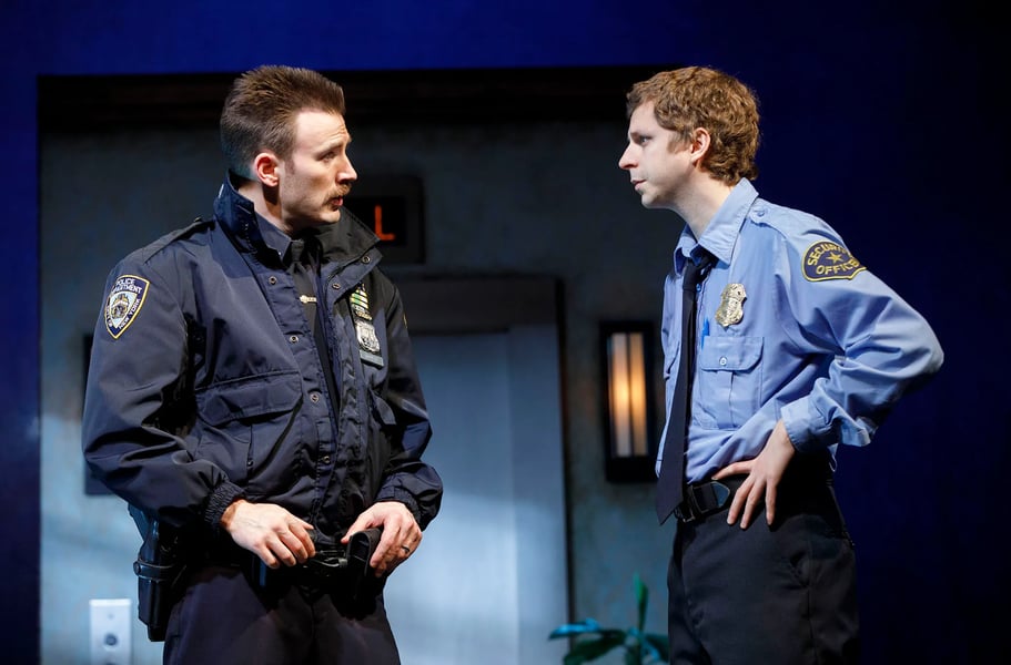 Michael Cera performing on Broadway stage in the play Lobby Hero