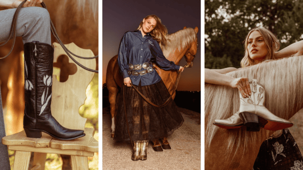 Miron Crosby Western boots on runway, showcasing bold embroidery and metallic details