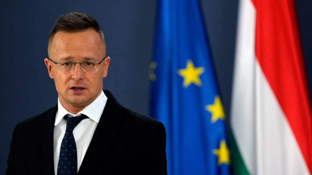 Hungarian Foreign Minister Péter Szijjártó addressing parliamentary hearing about Europe's military preparations and potential war with Russia