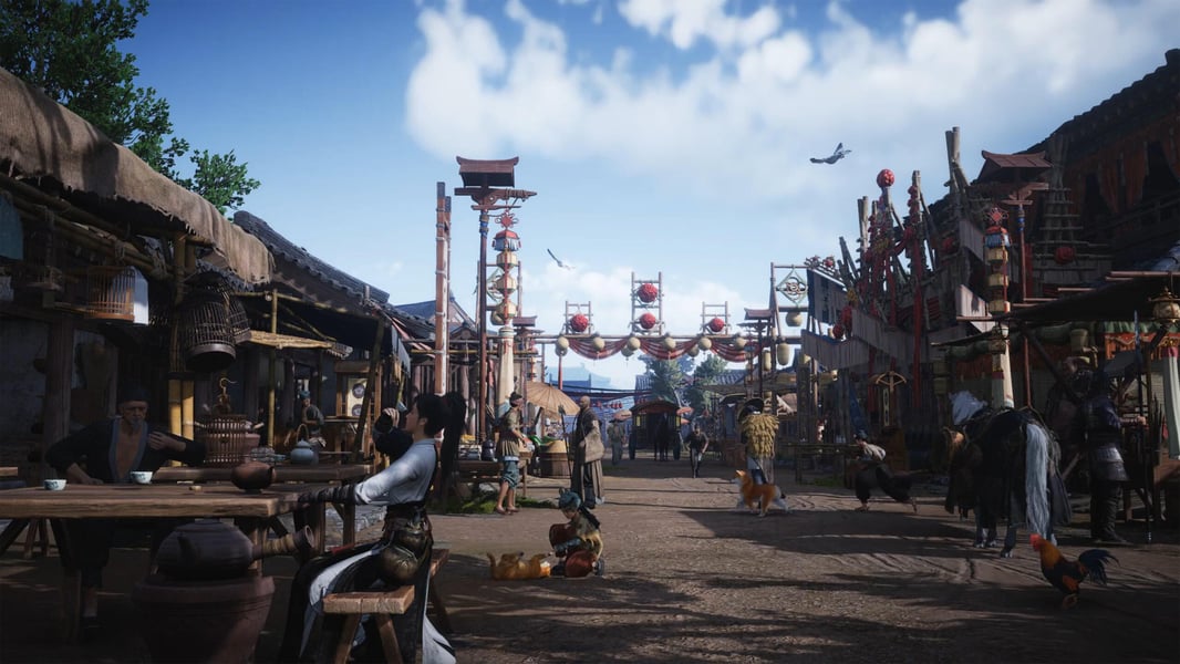 Experience the vibrant traditional market streets of Kaifeng in Where Winds Meet A lively depiction of a traditional Chinese market street in Kaifeng, bustling with NPCs, colorful stalls, and dynamic activity, representing the 'Fairgrounds' and 'Caomen Avenue' settings crucial to the 'Eastern Herald' quest in Where Winds Meet.