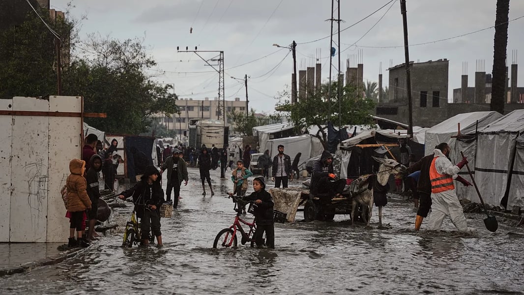 Flooded tents in Gaza displacement camp after heavy winter rain