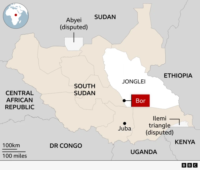 Map showing Jonglei state and displacement zones in South Sudan