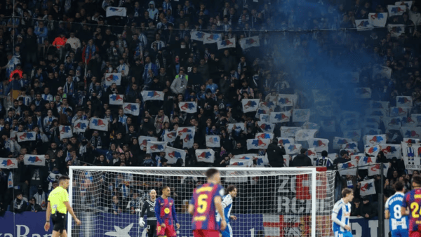 "Espanyol Fans' Hostile Reception for Joan García | Derby Atmosphere" "Hostile Espanyol fans display rat imagery and protest banners targeting Joan Garcia during Barcelona derby at RCDE Stadium"