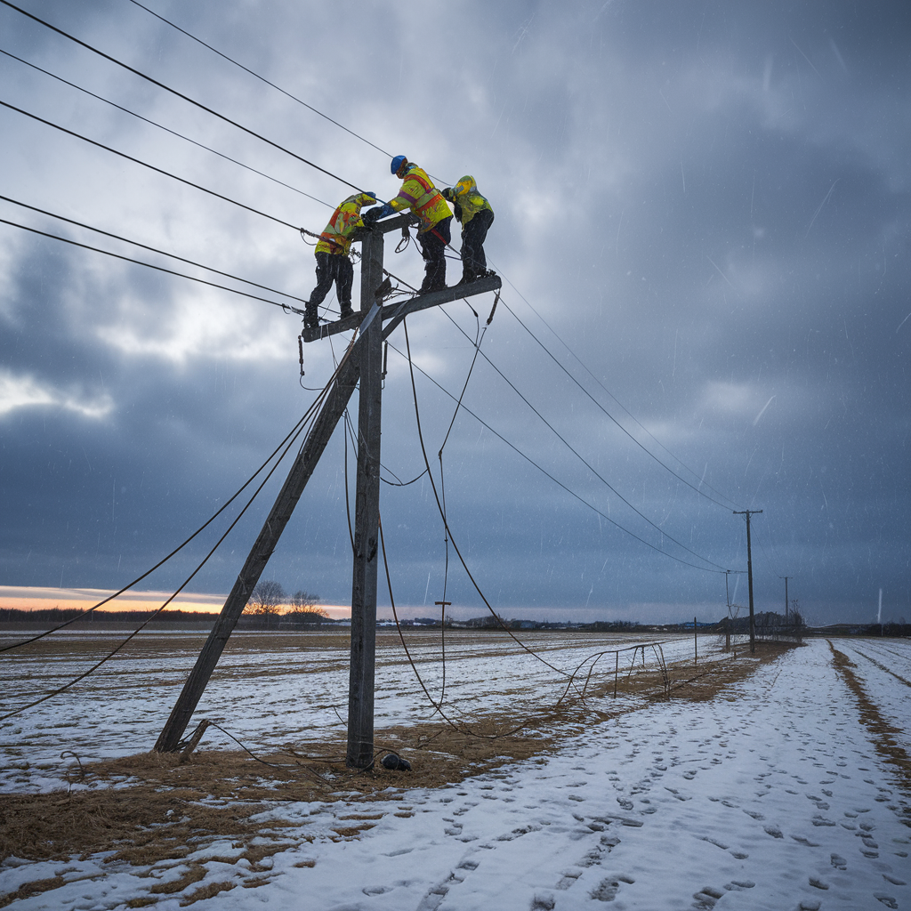 Ukrainian engineers repairing power lines after Russian strikes