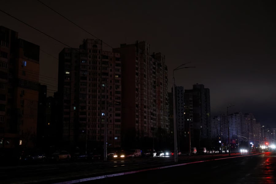 Kyiv skyline during winter blackout after large-scale drone and missile strikes on Ukraine energy grid