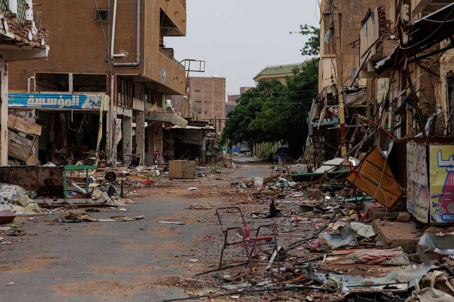 Destroyed buildings in Khartoum during Sudan civil war fighting between SAF and RSF