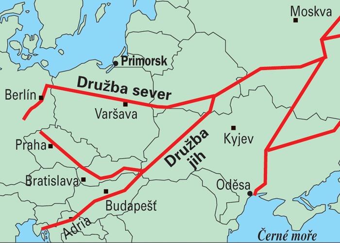 Map showing Druzhba oil pipeline through Ukraine Slovakia and Hungary