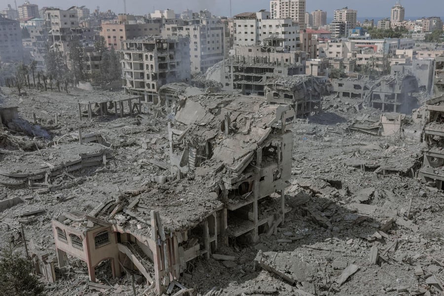 Displaced Palestinian families living among rubble in Gaza