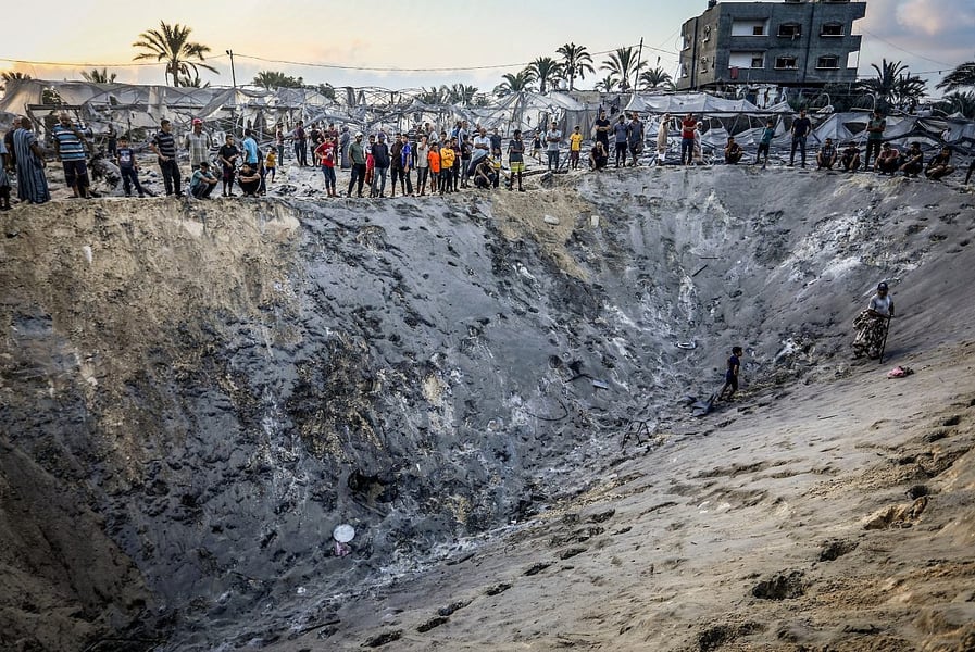 Displacement tents damaged after an Israeli airstrike in Gaza where civilians were sheltering.