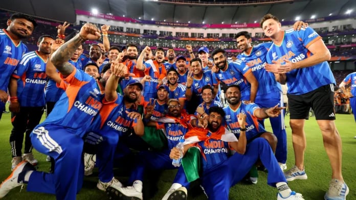 India players celebrate winning the T20 World Cup 2026 final against New Zealand in Ahmedabad