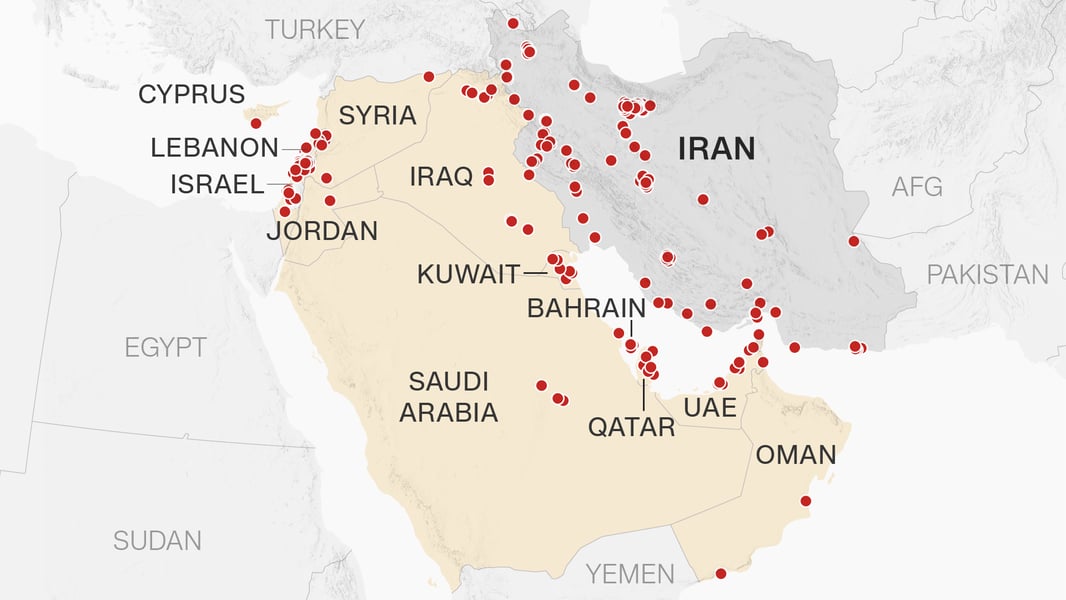 Map showing Iran Israel war escalation and US bases in the Middle East