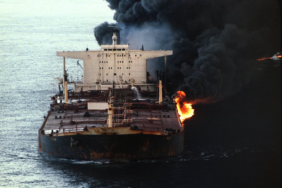 Oil tanker burning after drone strike in Gulf amid Iran Israel conflict