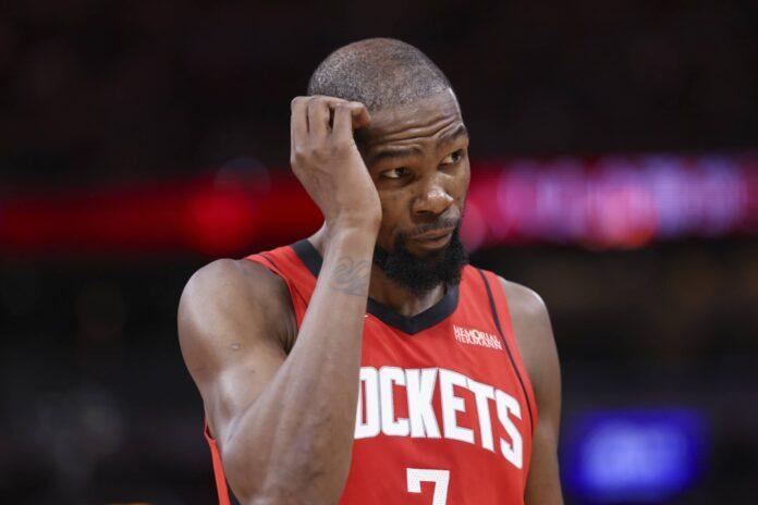Kevin Durant reacts during Houston Rockets game amid burner account rumors