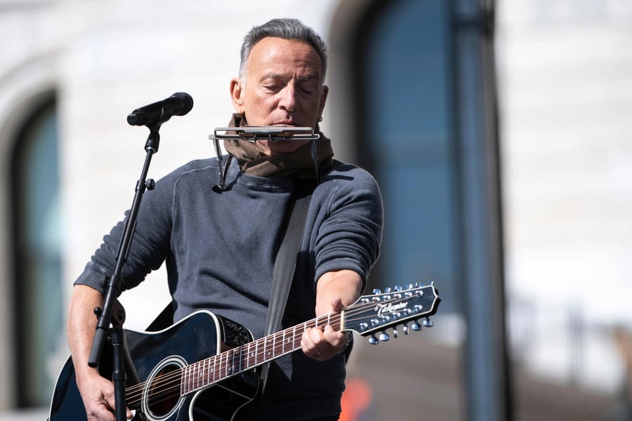 Bruce Springsteen performs at the No Kings protest rally at Minnesota State Capitol in St. Paul on March 28, 2026