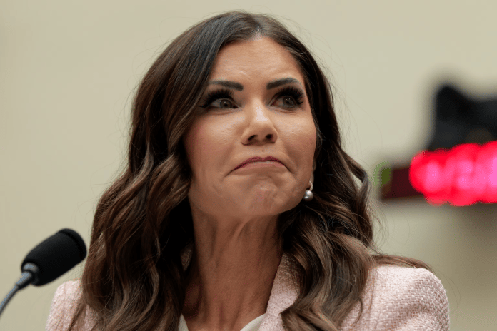 Kristi Noem speaks during a congressional hearing before being fired as US Homeland Security Secretary