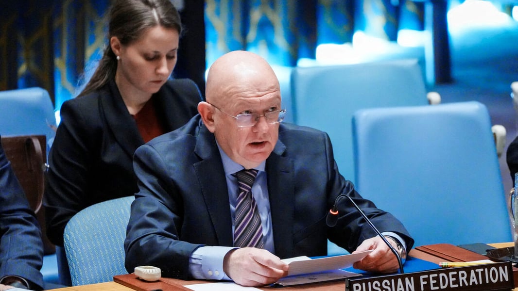 Russian UN envoy Vassily Nebenzia speaks during a UN Security Council meeting on the Israel Iran conflict