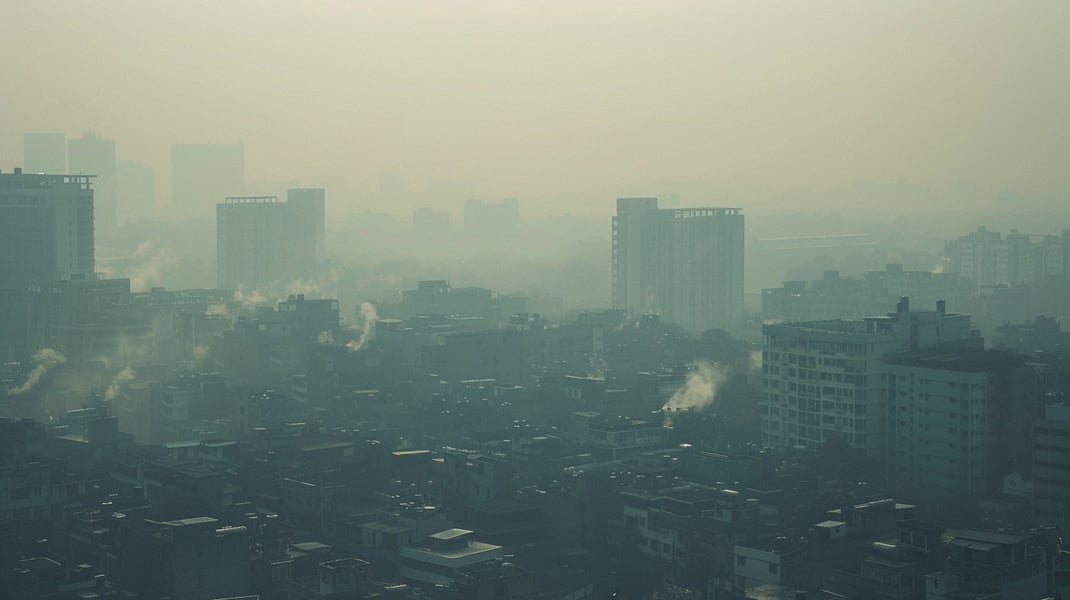 Thick smog covering a city as air pollution drives respiratory disease surge
