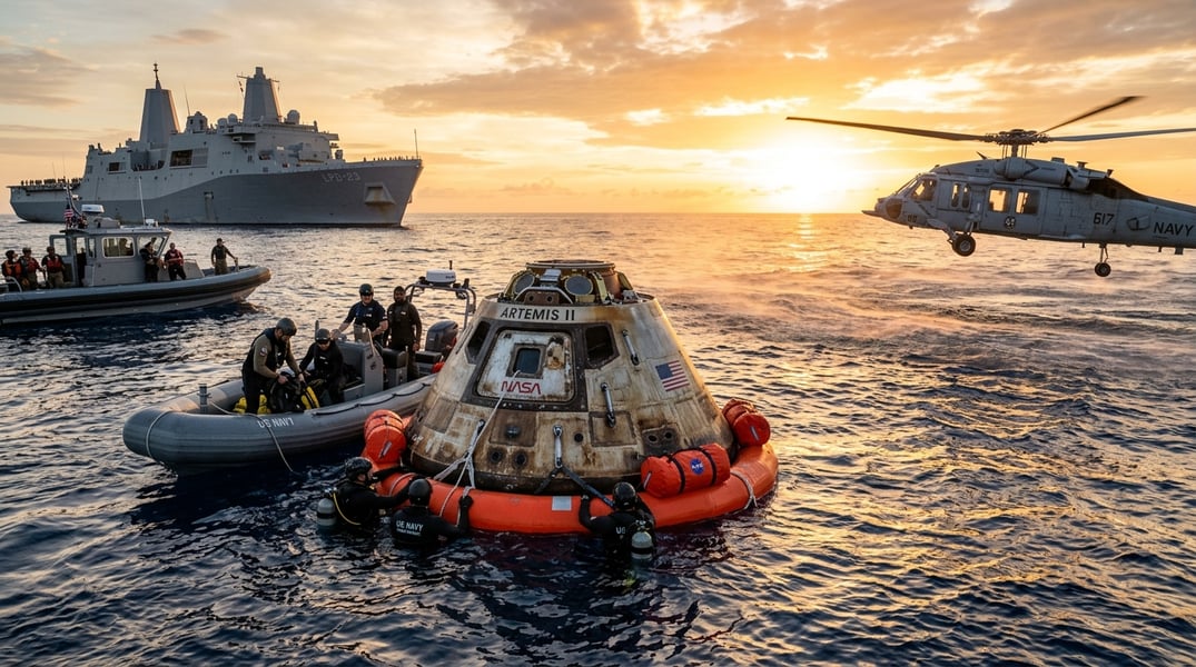 Artemis II capsule recovery operations in Pacific Ocean NASA Orion capsule recovered by Navy after Artemis II splashdown