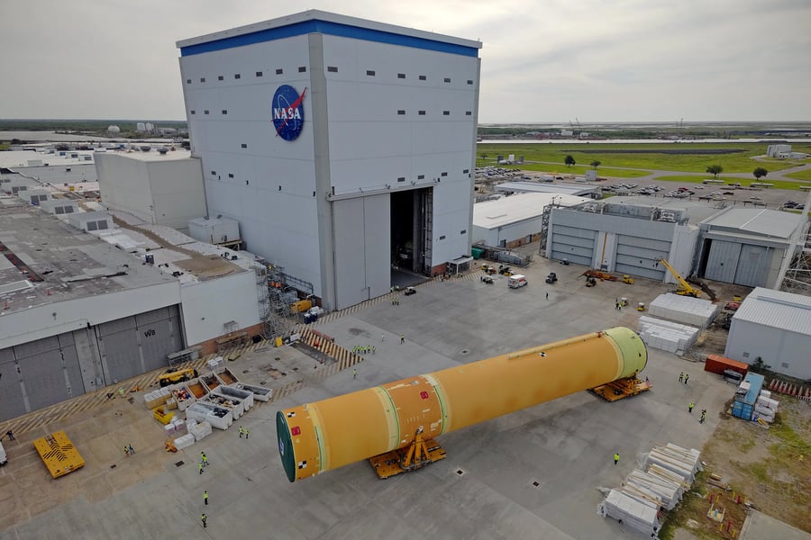 NASA Artemis III SLS core stage being transported on Pegasus barge toward Kennedy Space Center
