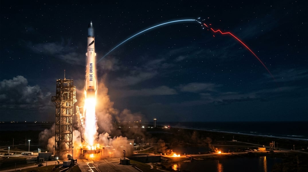 Blue Origin New Glenn rocket lifting off from Cape Canaveral during mission that later faced FAA grounding after satellite orbit failure