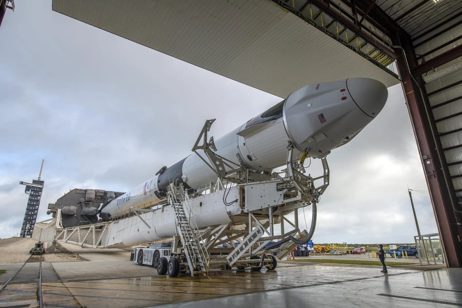 Falcon 9 rocket on launch pad at Cape Canaveral before GPS III mission