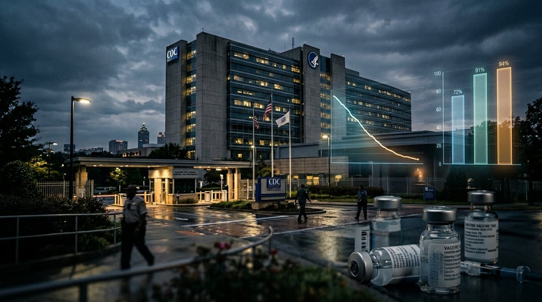 CDC headquarters with overlay of vaccine data charts showing COVID-19 effectiveness analysis