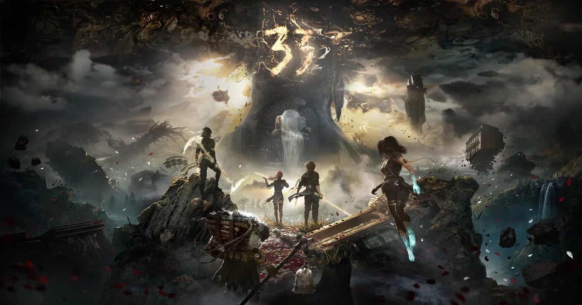 Clair Obscur Expedition 33 characters standing in surreal fantasy battlefield during anniversary celebration