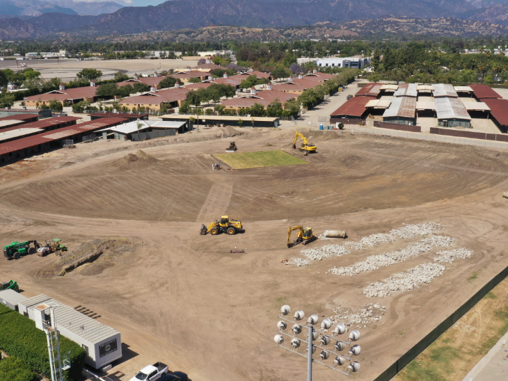 Cricket stadium under construction at Fairplex Pomona for Los Angeles 2028 Olympics
