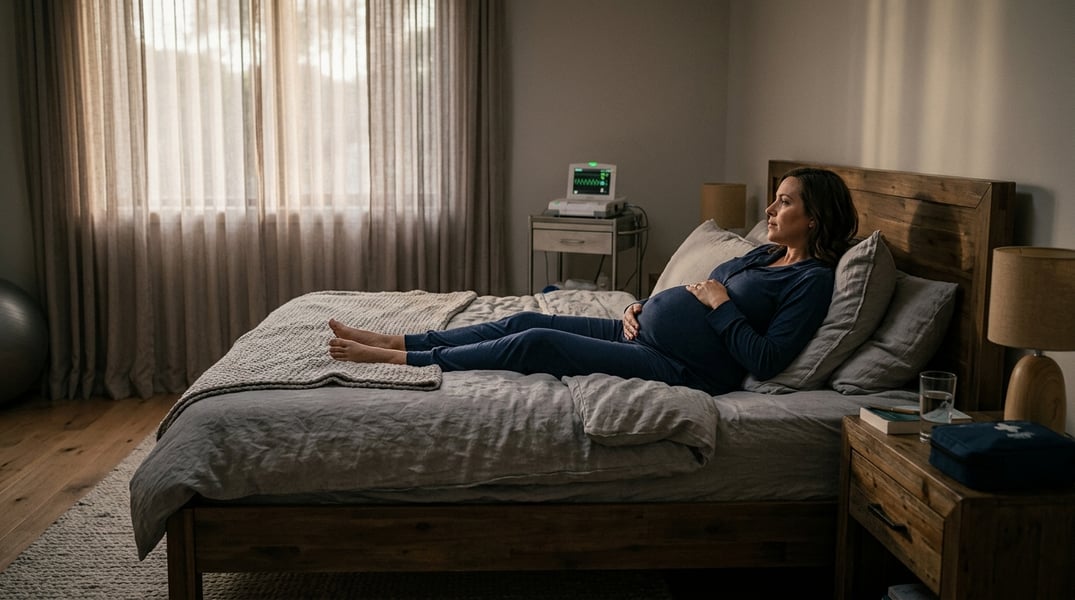 Dimly lit home birth setup showing tension between natural childbirth and medical risk